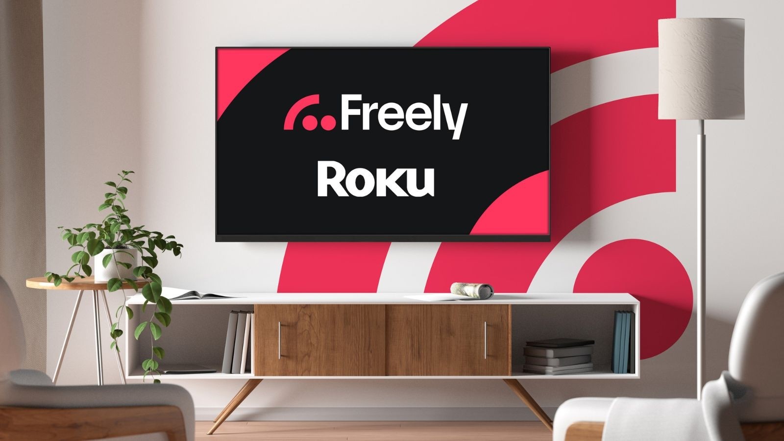 Freely x Roku written on a tv with a pink freely logo in the background in a living room