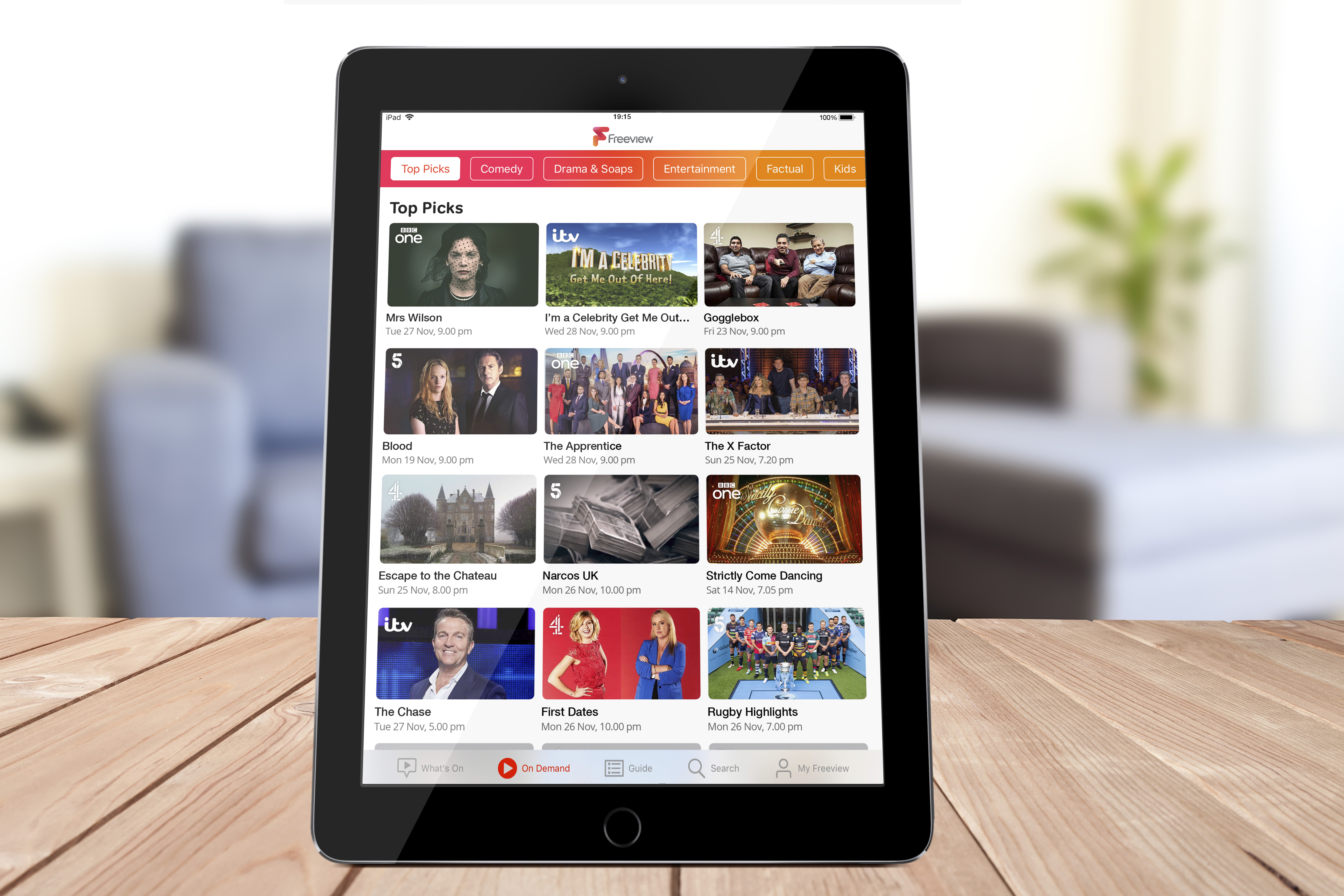 Freeview App on a tablet showing on demand content 